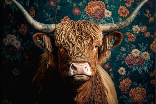 Portrait of a highland cow against a floral background