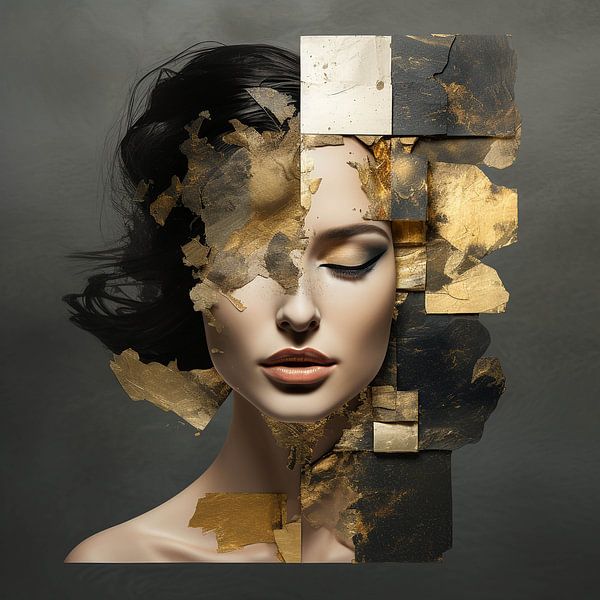 Puzzle of Beauty Female Portrait in Gold and Black by Color Square