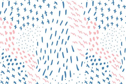 Kruisen, lijnen en stippen in pastel en neon. Blauw, roze, wit.