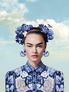 Frida in Delfter Blau vor blauem Himmel mit Wolken moderne Variation des ikonischen Porträts von Mijke Konijn