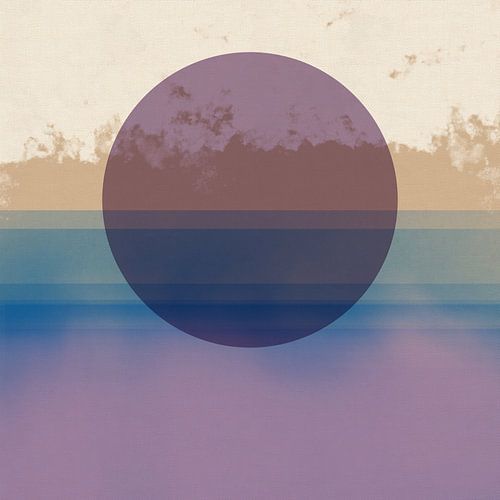 Abstract landschap. Zonsondergang in lila, blauw, beige, wit.