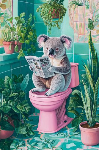 Koala op roze plee met krant