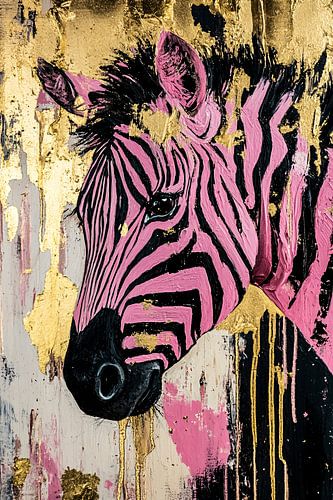Roze en gouden zebra schilderij