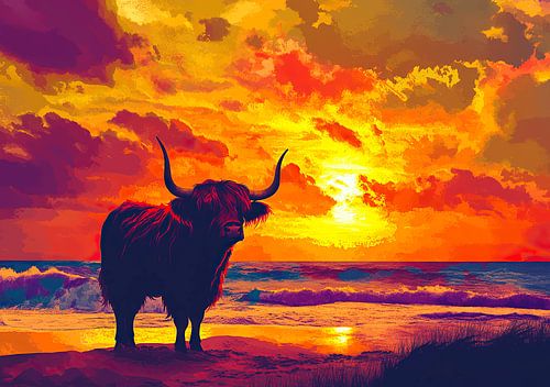 Schotse Hooglanders op het strand