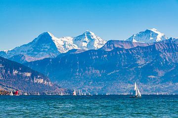 Meer van Thun met Eiger, Mönch en Jungfrau - Zwitserland van Werner Dieterich