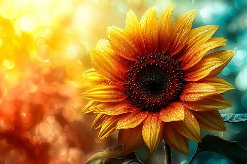 Stralende zonnebloem met dauwdruppels