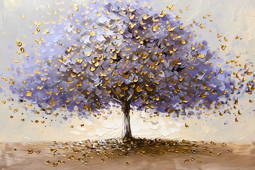 Arbre abstrait avec des feuilles violettes et dorées