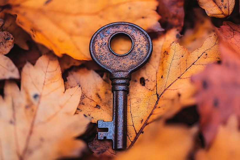 Rostiger Schlüssel im Herbstlaub von Art & Soul Creations