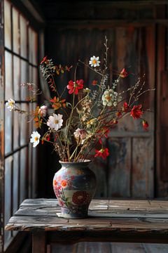 Colourful still life of flowers in Japanese house on wooden table by Digitale Schilderijen