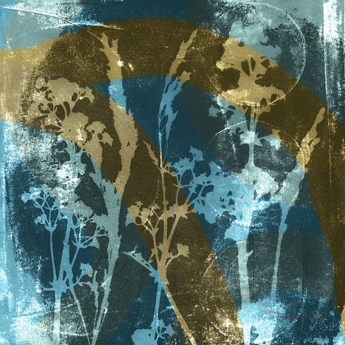 Abstract Retro Botanisch. Bloemen, planten en bladeren in blauw, bruin, wit