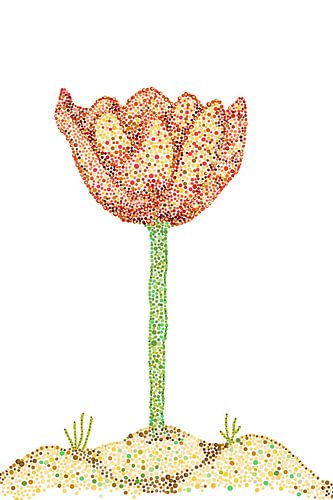 Pointillisme kunstwerk KLAPROOS. In de kleuren rood, groen en beige