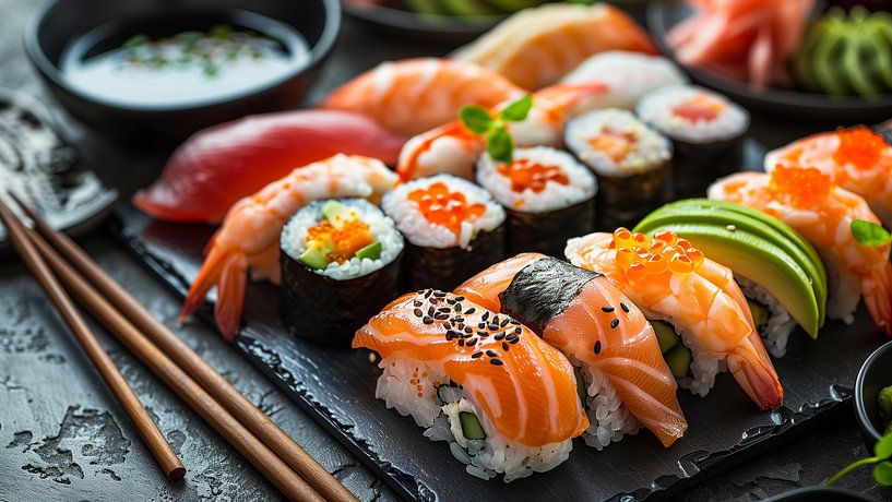 Rol suhsi op een bord met eetstokjes van de-nue-pic