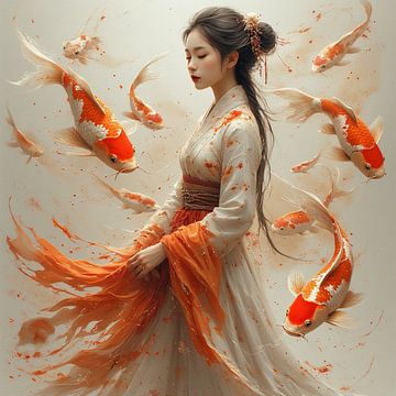 Een art portret van een traditioneel  jong Aziatisch vrouw met Japanse koi kapers.