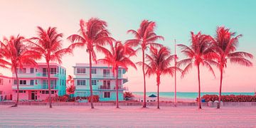 Pink Evening Glow on the Miami Beach Shore by Vlindertuin Art