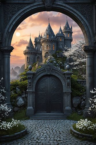 Stenen boog die leidt naar majestueus kasteel bij zonsondergang