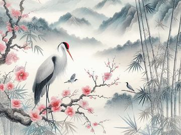 Paysage de lac, de montagne et d'oiseaux grues dans le style chinois sur Fukuro Creative