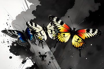 Drei bunte Schmetterlinge vor einem schwarz-weißen Hintergrund von ButterflyPix