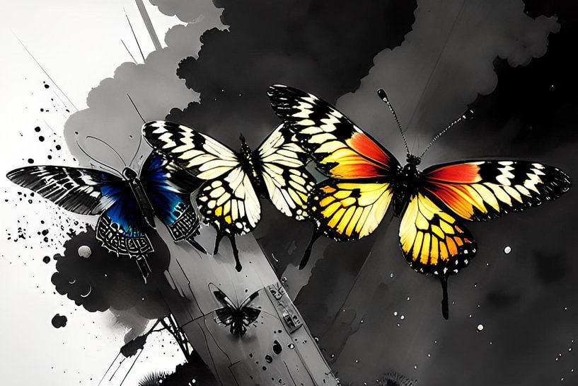 Drie kleurrijke vlinders tegen een zwart-witte achtergrond van ButterflyPix