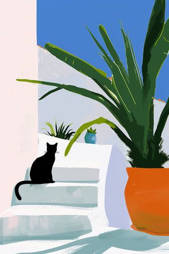 Schwarze Katze auf der Treppe