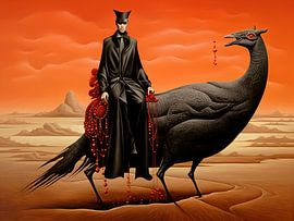 Surreal person bird desert landscape gloomy mysterious