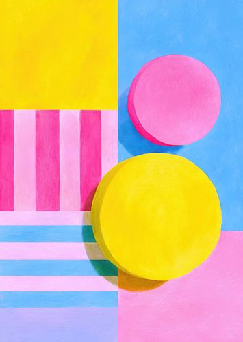 Abstracte kleurblokken in roze, geel & blauw