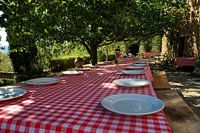 Gedekte tafel op Toscaanse fattoria onder de Citrusbomen.