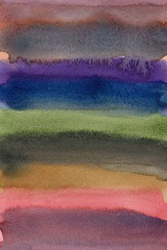 Abstracte aquarel penseelstreken in taupe, blauw, violet en groen. van Dina Dankers