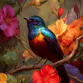 Farbenfroher Singvogel zwischen warmen Blumen von But First Framing