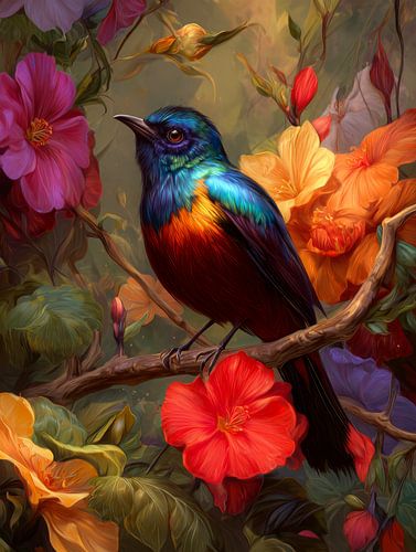 Farbenfroher Singvogel zwischen warmen Blumen