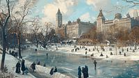 Schlittschuhläufer im Schnee im New Yorker Central Park um 1900 (KI)
