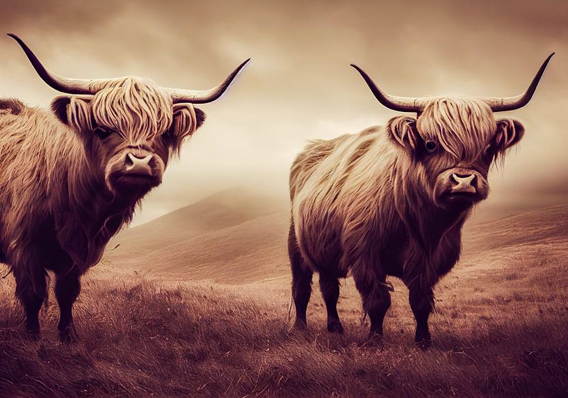 Vache et taureau Highland, illustration d'art par Animaflora PicsStock
