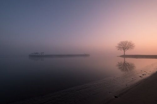 Beautiful misty sunrise along river Lek