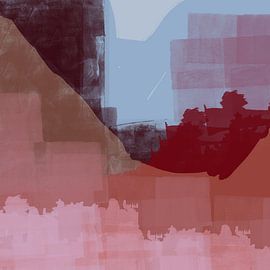 Modern abstract landschap in lichtblauw, warmbruin en zachtroze. van Dina Dankers