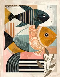 Zwei Fische in Gold, Ocker, Blau, Rosa und Erdtönen von Emiel de Lange