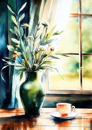 Bloemen en thee bij het raam - aquarel