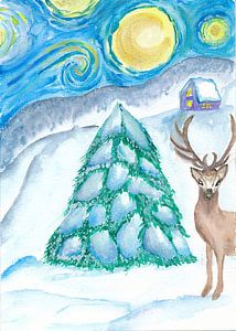 Sternenreiche Weihnachtsnacht mit Schnee im Winterwald