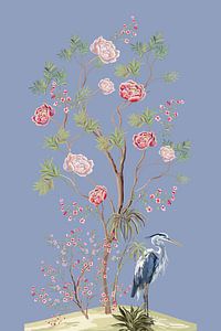 Sérénité éthérée : fleurs et cigogne de style japonais