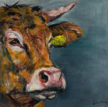 Schilderij van een koe - portret ( V ) van Liesbeth Serlie