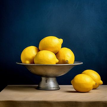 Nature morte rafraîchissante - Citrons dans un bol en étain sur fond bleu sur Roger VDB