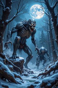 Dark Fantasy Wandbild: NOCTARAX – Monster streifen nachts durch den Wald