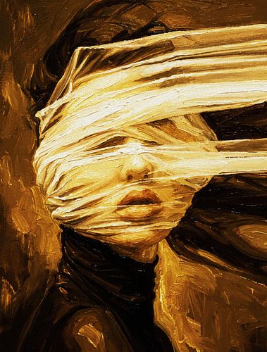 Geblinddoekte vrouw - Symbolisch olieverfschilderij