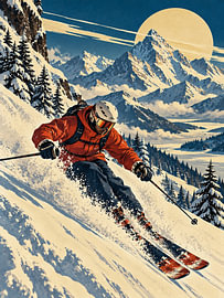 Illustratie van alpineskiën in Golden Sun – Retro bergkunst van MARTINA KUSUMA DEWI