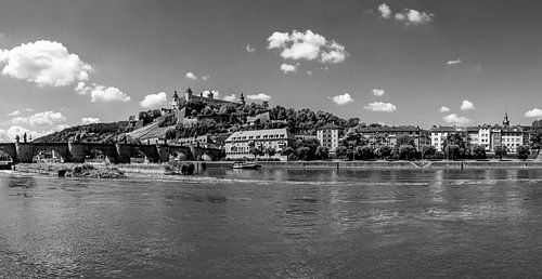 Würzburg - Old Main Bridge and Marienberg Fortress in black and white