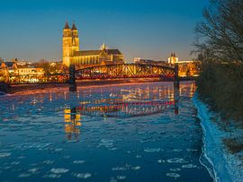 Magdeburg and the Elbe during the blue hour in winter by t.ART