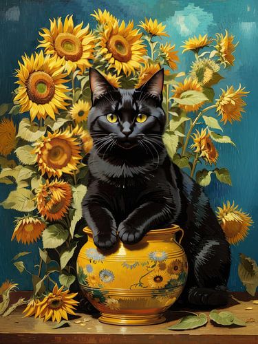 Zwarte kat met zonnebloemen en vaas in een stilleven
