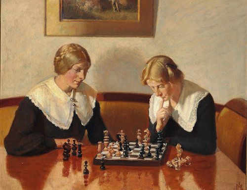 Michael Ancher - Helga Ancher en Engel Saxild schaken thuis aan de Markvej, ca. 1905