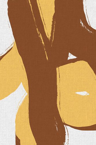 Formes et lignes abstraites en jaune et marron sur lin. sur Dina Dankers