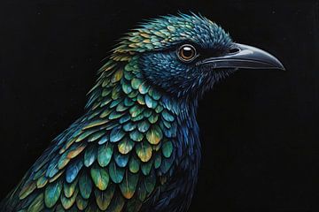 Blue-green bird painting by De Muurdecoratie