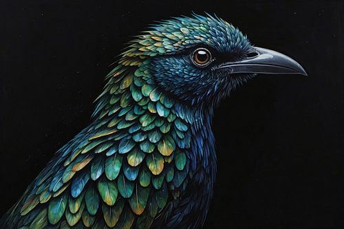 Blauwgroene vogel schilderij