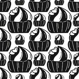 Nahtloses schwarz-weißes Muster von Cupcakes mit Schlagsahne und Herzen.